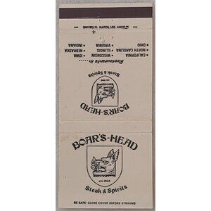 Matchbook Cover Boar’s Head Steak & Spirits Restaurant Est 1969 Vintage